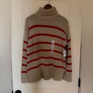 Beige Turtleneck Sweater with Red Stripes
Notes: it fits to size S/M